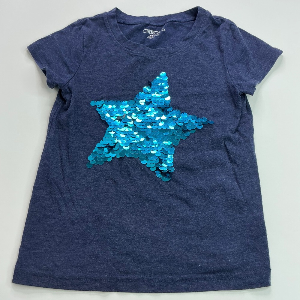Cherokee Navy Blue Sequin Star Shirt Kids Size S 6-6X Flip Sequin Short Sleeve